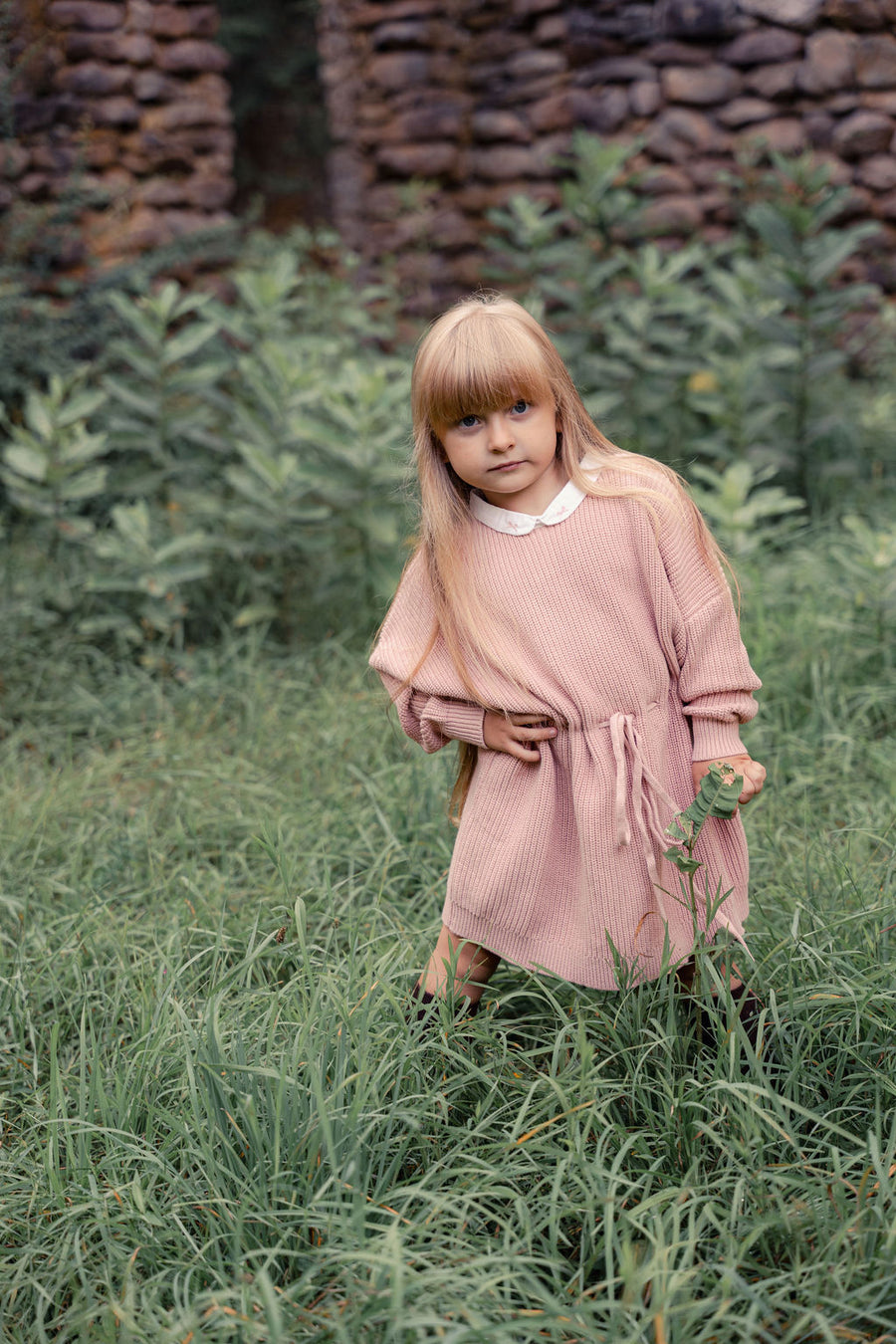 Girls Knit Dress with Bow Collar