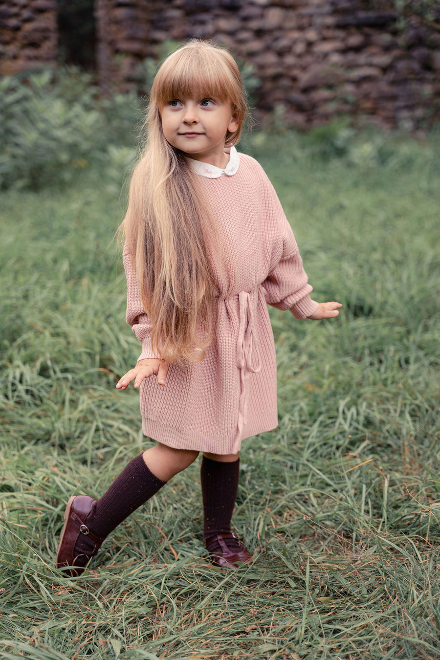 Girls Knit Dress with Bow Collar